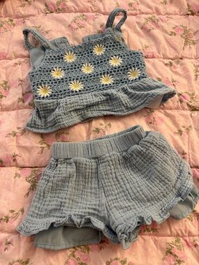 btween Light Blue Daisy Crochet Crop Top & Shorts Set